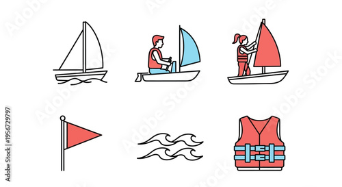 Collection of nautical icons including sailboats people water flag and safety vest for marine leisure activity themes and summer recreation concepts