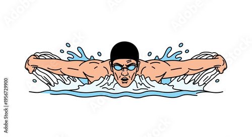 Dynamic and energetic vector graphic depicting a male swimmer in butterfly stroke, propelling through water with powerful arms, wearing goggles and a cap, in a simple, clean, and modern art 