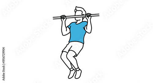 Minimalist line art depiction of a man performing a pull-up exercise on a horizontal bar in a fitness and workout context, showcasing strength training and bodyweight movement.