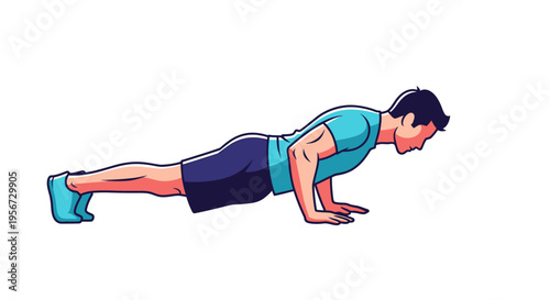 Cartoonish illustration of a man performing push-ups, a common bodyweight exercise, promoting fitness and demonstrating proper form, ideal for health and wellness visuals and fitness guides.
