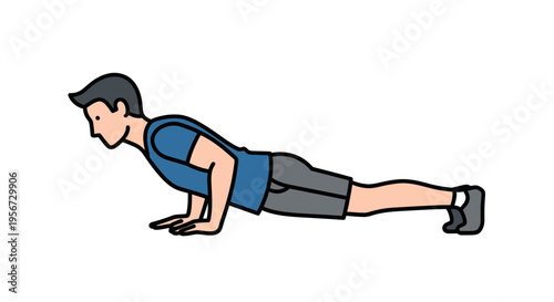 A flat minimalist outline style vector image of an athletic man performing a push-up exercise on a white background, demonstrating fitness and strength training for a workout routine.
