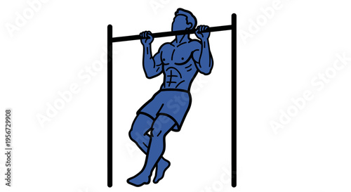 Minimalist blue line art of a muscular man performing a pull-up on a horizontal bar, showcasing strength and fitness against a clean white backdrop, in the context of exercise.