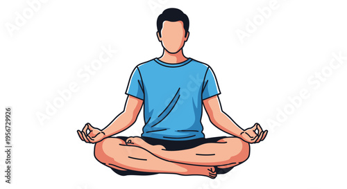 Cartoon depiction of a man sitting in the lotus position, meditating with hands in a mudra, practicing mindfulness and yoga, a vector graphic on white backdrop for wellness and health.