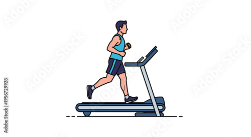 A flat minimalist graphic vector depicting a man in athletic wear engaged in indoor cardio activity, jogging swiftly on a treadmill machine, promoting fitness.