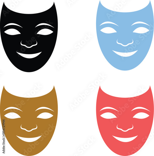Theatrical masks in black, blue, brown, and red on white background