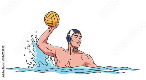 Athletic Male Player Wearing Cap Tosses Yellow Ball During Aquatic Sport Competition Action Full Body View Isolated On White Background With Water