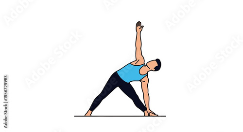 Man Performing Utthita Trikonasana Yoga Pose Stretching Body for Flexibility and Wellness Isolated on White Background Minimalist Style