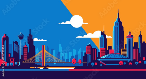 Modern Cityscape Skyline at Dusk, Geometric Buildings, Bridge, Sun, Clouds, Vibrant Colors