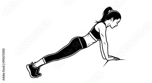 Woman performing fitness exercise in plank position engaging core muscles for strength training and body conditioning workout on a plain background