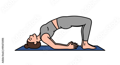 Woman performing a yoga pose called bridge pose with hands clasped together under her shoulders for support on a blue mat for healthy lifestyle and