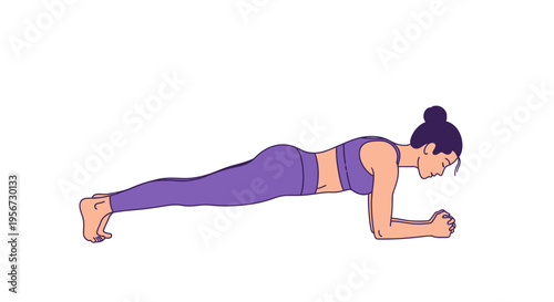 Woman performs core strengthening plank exercise on forearms and toes isolated on white background for fitness routine illustration