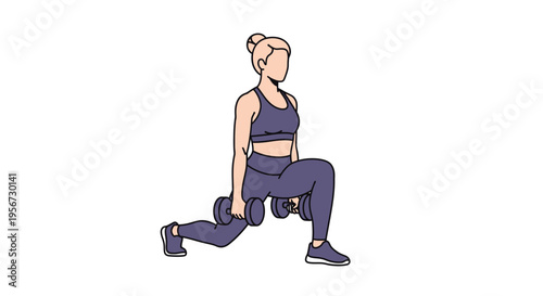 Woman Performing Dumbbell Lunges Exercise for Lower Body Strength Training and Fitness Routine Isolated on White Background