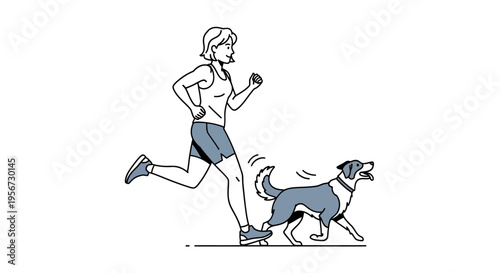 Active Woman Running Alongside Loyal Dog Outdoors for Recreation and Healthy Lifestyle Activity With Canine Companion on Clear Day