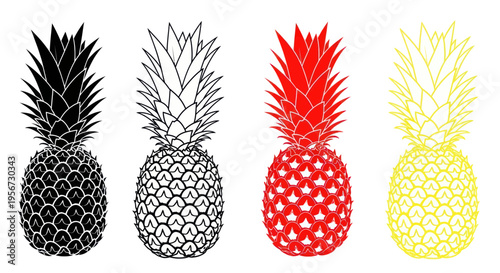 Four Colorful Pineapples: Black, White, Red, Yellow, Isolated on White Background
