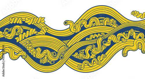 Abstract Wavy Pattern of Yellow Pasta Shapes on Blue Background