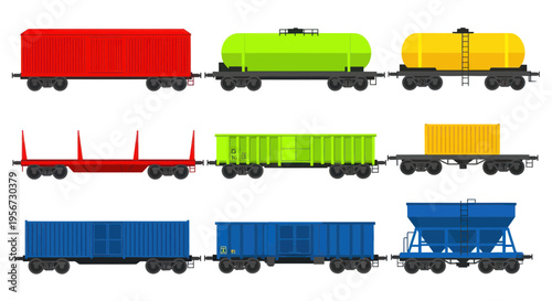 Colorful Freight Train Wagons Collection - Flat Design
