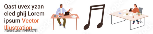 Workplace environments, remote work, music industry, creativity, productivity, desk jobs. two office workers at desks and a prominent music note. Workplace and music industry concepts