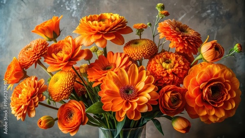 Vibrant autumnal bouquet of various orange flowers arranged in a glass vase against a neutral backdrop