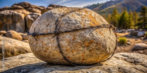 A large boulder, weathered and marked by time, rests upon a rocky surface, encircled by rusty barbed wire, suggesting themes of restriction, confinement, or resilience against the elements.
