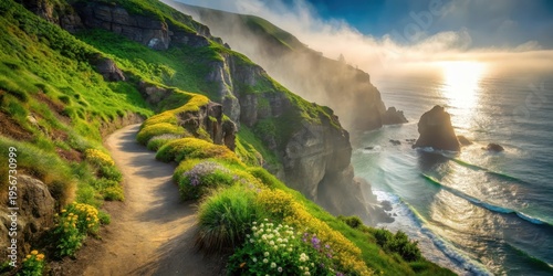 Serene Coastal Path Winding Through Blooming Wildflowers on a Misty Cliffscape at Sunrise