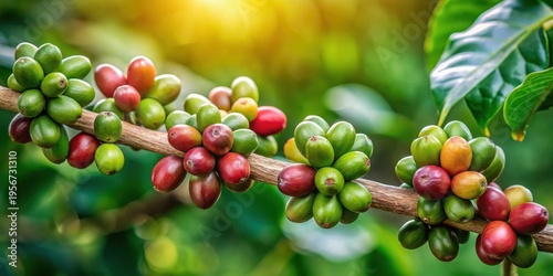 Vibrant Coffee Beans Growing on a Branch in a Lush Green Setting, Showing the Progression of Ripening from Green to Red
