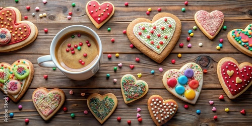Aromatic Coffee with a Sweet Treat Delightful Heart-Shaped Cookies and Colorful Candies on Rustic Wood