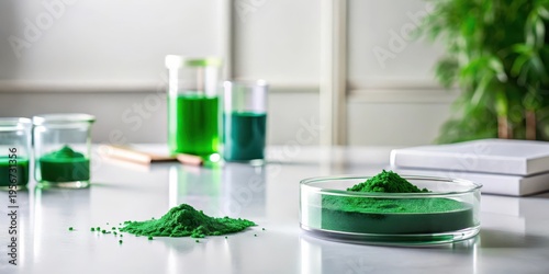 A laboratory setting showcasing vibrant green powder samples in various glassware, indicating scientific research or analysis