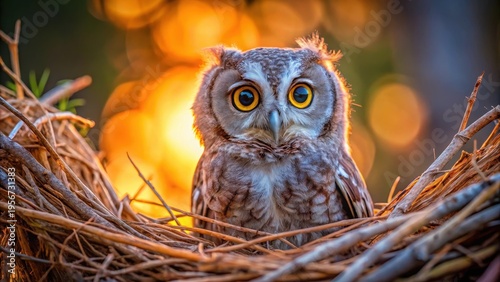 A Majestic Owl Perched in its Nest at Sunset, Golden Light Illuminating its Bright Eyes and Soft Feathers