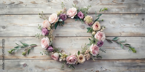 A Delicate Floral Wreath of Pastel Roses and Greenery Arranged on Rustic Wooden Planks