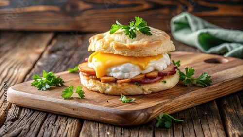Savory Biscuit Sandwich with Egg, Cheese, and Meat on Rustic Wooden Board