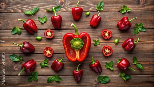 Vibrant Red Bell Peppers and Fresh Herbs Arranged on Rustic Wooden Surface