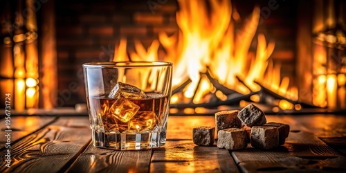 Aromatic amber spirit in a rocks glass, nestled on a rustic wooden surface, with a warm, inviting fireplace aglow in the background, offering a cozy and comforting ambiance.