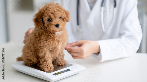 Small poodle puppy being weighed on a scale at a veterinary clinic with professional care