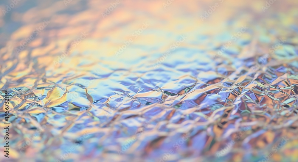 Obraz premium Close-up of crumpled iridescent foil reflecting a spectrum of soft, shimmering colors and light.