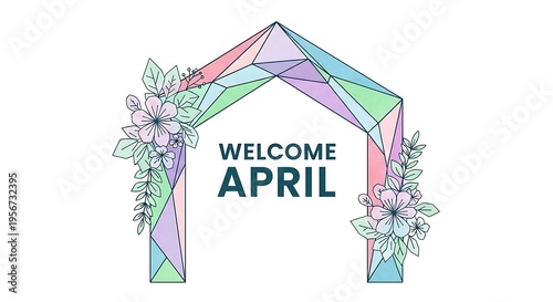 Hand-drawn floral welcome april spring arch with pastel rainbow banner illustration