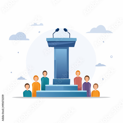 Public speaking event with podium and audience illustration.