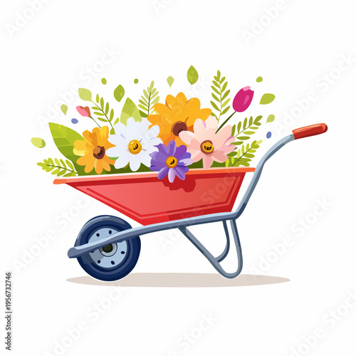 Red Garden Wheelbarrow Filled with a Colorful Bouquet of Spring Flowers.
