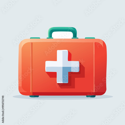 Red First Aid Kit With White Cross Symbol.