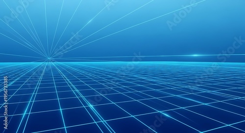 Abstract blue grid lines receding into the distance with a glowing horizon, representing digital networks and technology