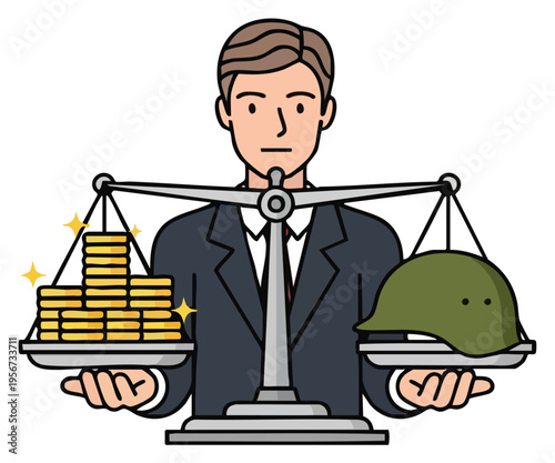 Businessman balancing money and military helmet vector illustration isolated on transparent background