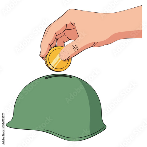 Donation coin into military helmet vector illustration isolated on transparent background