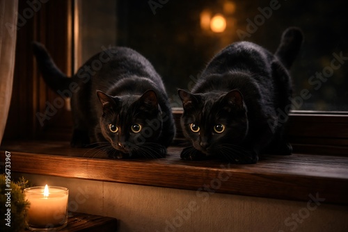 Two Black Cats Crouching on Windowsill by Candlelight at Night, Mysterious Dark Atmosphere Photography