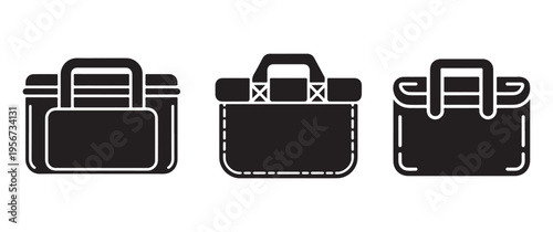 A collection of three distinct black silhouette handbag icons varying in shape and style high quality