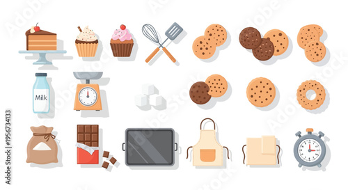 A collection of baking ingredients, tools, and finished desserts like cookies, cakes, and cupcakes, perfect for home baking projects.