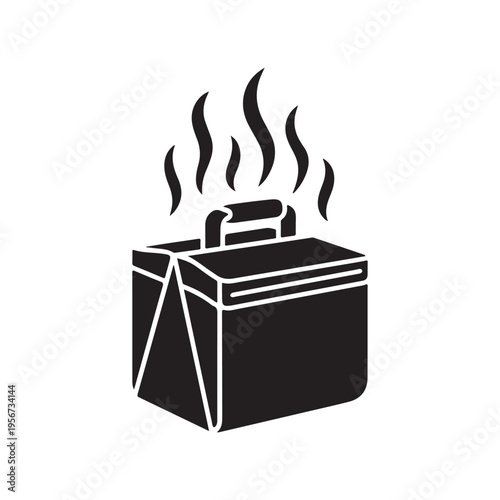 A simple black silhouette of a lunchbox with rising steam suggesting warmth and freshly prepared food