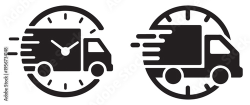 Two black silhouette icons depict fast delivery trucks one with a clock face integrated into its design