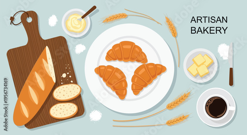 Top-down view of an artisan bakery breakfast spread featuring croissants, baguette, butter, and coffee on a light blue background.