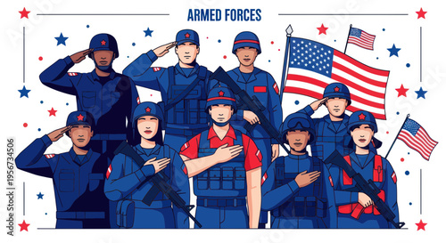 Diverse group of armed forces personnel saluting, united under American flag and stars.