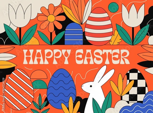Happy Easter banner, horizontal poster, greeting card, header for website. Trendy Easter design with typography, hand drawn pattern 