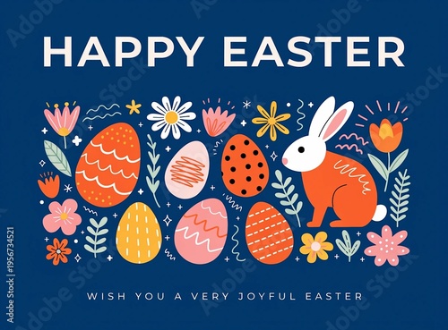 Happy Easter banner, horizontal poster, greeting card, header for website. Trendy Easter design with typography, hand drawn pattern 